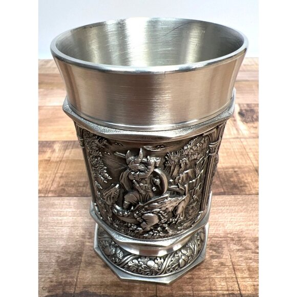 German Rein Zinn 95% Pewter Cup, 3 Raised Relief Designs - 3.5" tall - Picture 1 of 5